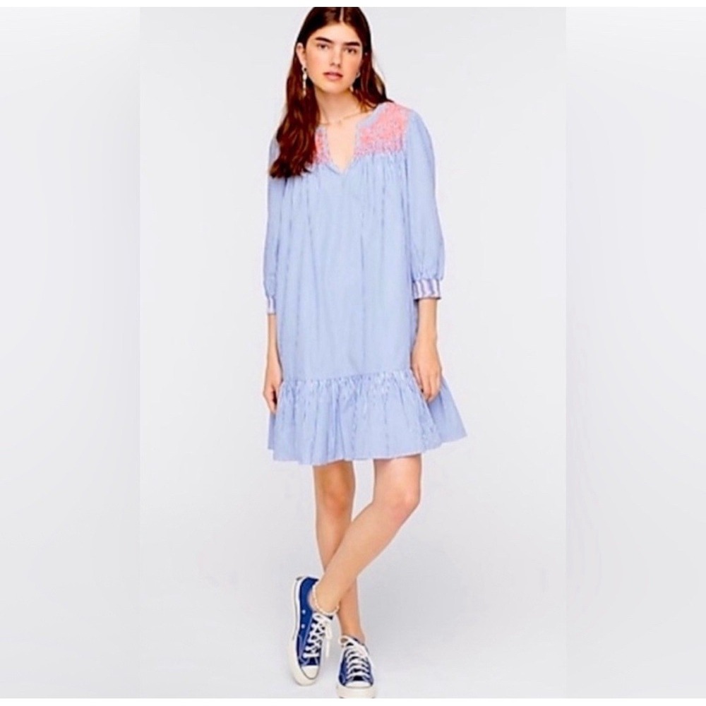 J CREW Leda Dress S Blue Stripe Embroidered Ruffle Hem‎ Boho Cottagecore Peasant - Picture 4 of 15